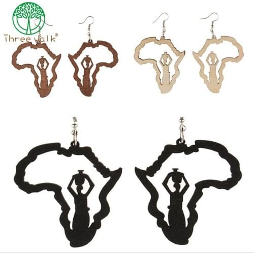 2020 wholesale One Pairs Only Women Africa Map Wood Earrings For Women Decoration Afro Spirit