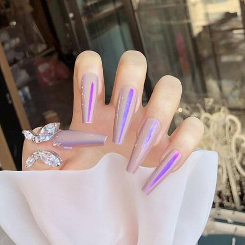 24pcs/Set Nude Purple Fake Nails Extra Long Mirror Reflective Artificial Ballerina Full Nail Art Tips False Nails with Glue