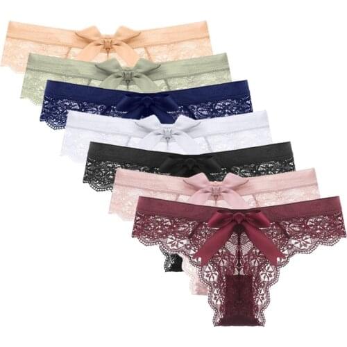 5 Pcs / Lot New Arrival Sexy Lace Underwear Cotton Women Transparent G String Thongs Panties With Bow S M L XL 1935