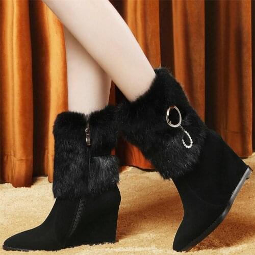 Winter Platform Pumps Shoes Women Genuine Leather Wedges High Heel Motorcycle Boots Female High Top Warm Rabbit Fur Casual Shoes