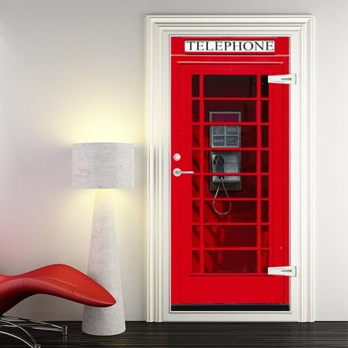 Door Decoration Wallpaper 3D Wall Sticker Red Phone Booth Mural Self-adhesive Vinyl Decal Removable Livingroom Home Decor Poster