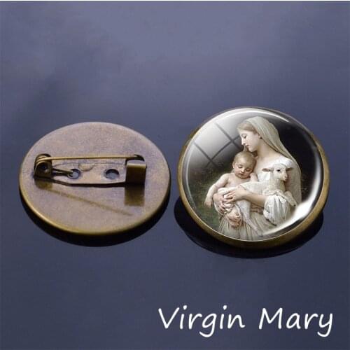 Virgin Mary with Baby Jesus Brooch Pins 25mm Glass Badge Christian Catholic Faith Jewelry Gift