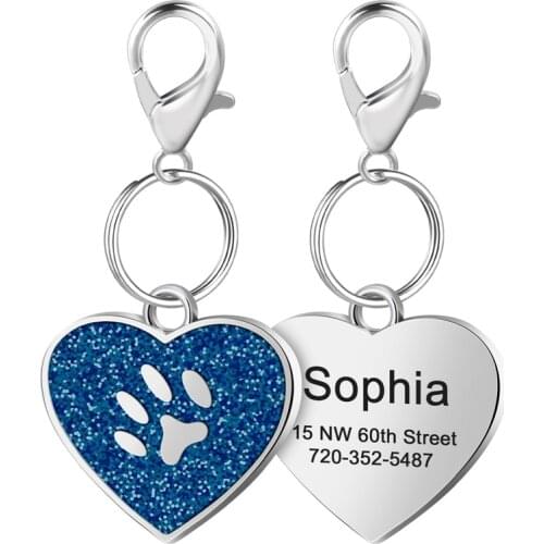 New Cat Dog ID Tag Custom Free Engraving Personalized Glitter Heart Paw Pendant Pet Name Collar Charm Necklace Puppy Accessory