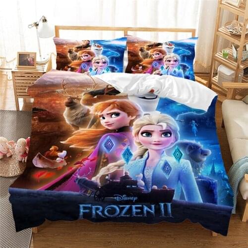 Disney Blue Frozen Anna Elsa Colorful Print Bedding Set Down Duvet Quilt Cover Pillowcase Children Girls Bedroom Decoration