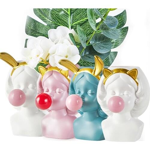 Pretty Bubblegum Girl Statue Flowerpot Brain Growing Foliage Flower Pot Planter Desktop Fake Bonsai Sculpture Vase Ornament