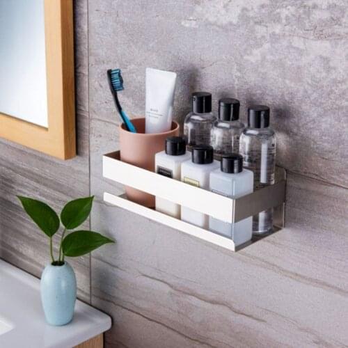 203F Kitchen Wall Mount Shelf Self Adhesive Punch Free Spice Storage Rack Bathroom Stainless Steel Shampoo Organizer