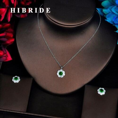 HIBRIDE Trendy Green Flower Shape Link Chain Pendant Women Bridal Jewelry Sets Necklace Sets Earings Fashion Jewelry N-545