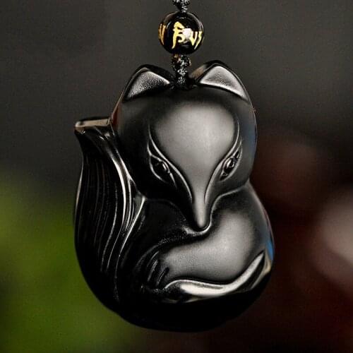 Natural Black Obsidian Fox Jade Pendant Necklace Hand-Carved Chinese Fashion Jewelry Charm Amulet Accessories for Men Women Gift