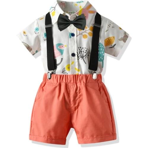2021 Summer New Baby Clothes Children Gentleman Suit Boy Bow Tie + Printing Shirt + Pants Three-piece Suit Boys Evening Dress