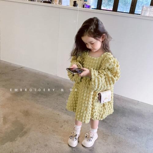 Girls' Autumn 2021 New Waffle Princess Fashionable Stylish Mid-Length Polo Dress Childrens Clothing