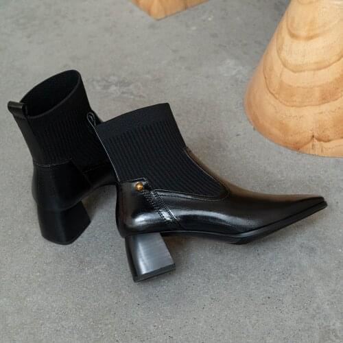 Osunlina Fashion Ankle Boots Genuine Leather Thick High Heel Square Toe 2021 New Autumn Winter Comfortable Fabric Woman Boots