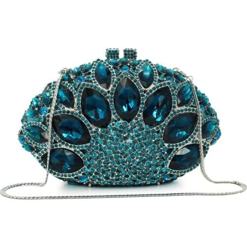 Dark Green Color Rhinestone Clutch Women Crystal Evening Clutches Bag Luxury Silver Metal Chains Shoulder Ladies Diamond Handbag