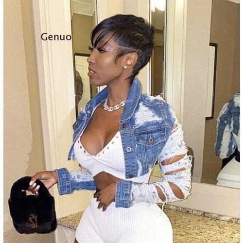 Cropped Woman Jean Jacket Plus Size Ripped Hole Women Xxl Blue Bomber Short Denim Jackets Jaqueta Long Sleeve Casual Jeans Coat