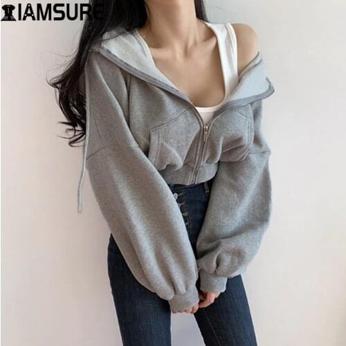 IAMSURE Short Hoodies Women Solid Sweatshirt Tracksuit Long Sleeve Female Crop Top 2020 Fashion Korean Clothing Harajuku
