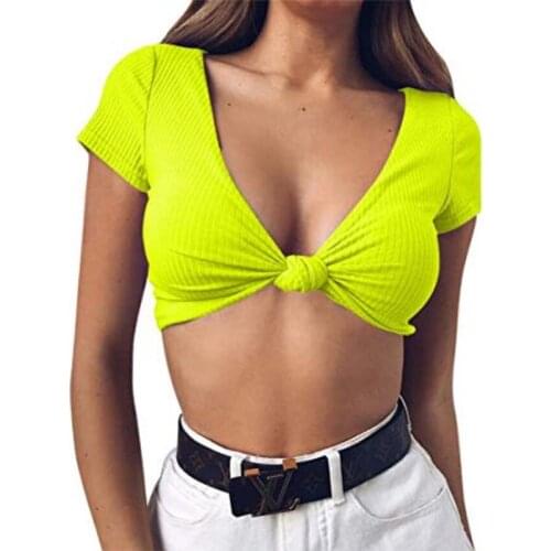 The summer of 2021, womens sexy chest knot jacket deep v-neck leisure T-shirt with short sleeves