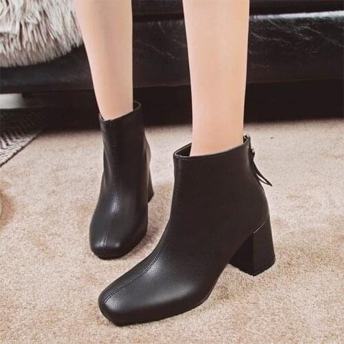 Ladies Ankle Boots British Style Thick-heeled Nude Boots Womens Autumn Zip Shoes Winter Short Boots Female Footwear 2021 New