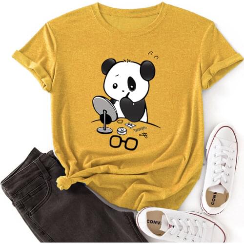 Women Crew Neck Short Sleeve Casual Summer T-shirts Makeup Panda Graphic Tee Shirts Tops Female Clothes Shirts for Woman