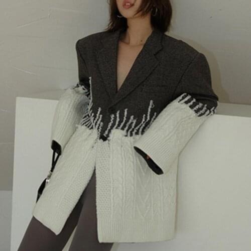 2020 Autumn Winter New Patchwork Full Sleeved Loose Fashion Women Knit Padded Suit Jacket Casual Gray Coat