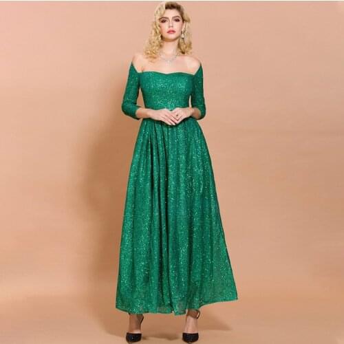Elegant Champagne Long Open Back Formal Dress High Split Sequined Off Shoulder Women School Dance Green Party Gown