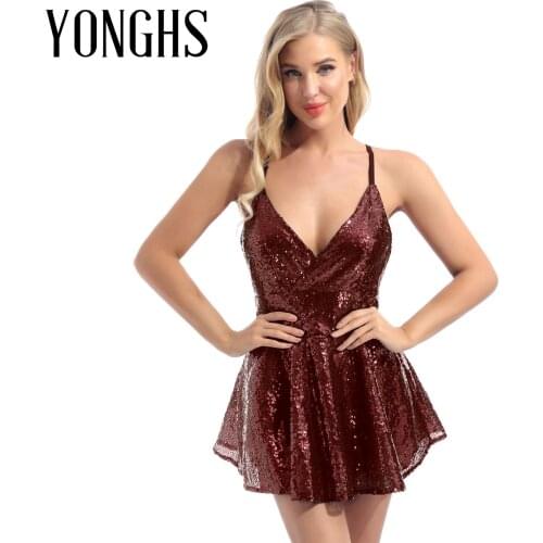 Women Deep V Neck Sequin Rave Dress for Pole Dancing Ladies Adjustable Spaghetti Strap Dress Nightclub Stage Performance Costume