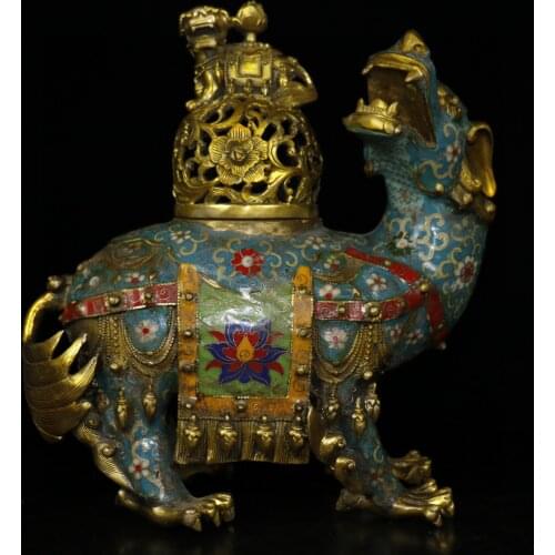 11"Tibet Buddhism Old Bronze Cloisonne Enamel Turn head Incense burner Lion statue Incense burner cover