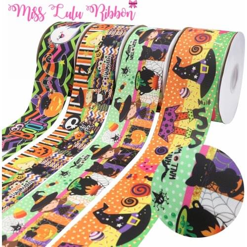 16mm-75mm Halloween Gift Pumpkin Devil Cartoon Printed Grosgrain/Foe Ribbon DIY Festival Hair Bowknots 50yards/roll