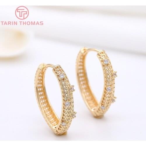 2PCS 25x30MM 24K Gold Color Brass with Zircon Oval Earrings Hoop Earring Clip High Quality DIY Jewelry Making Findings