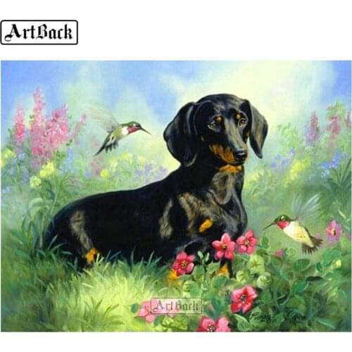 5d full square / round diamond painting black dog animal flower pattern 3d diamond mosaic sticker embroidery