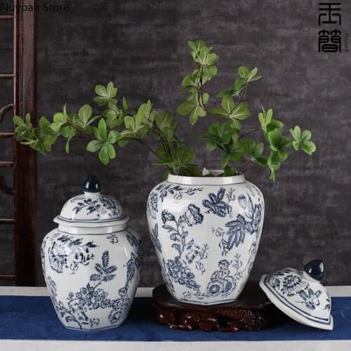 Blue and White Porcelain Storage Jar Vase Decoration Home Dried Flower Flower Arrangement Accessories Ginger Jar with Lid