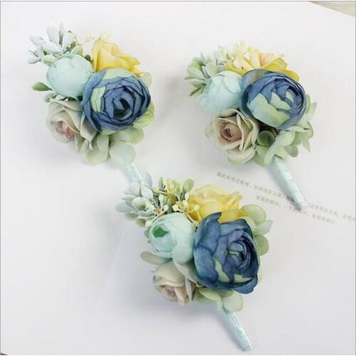 DIY 10Pcs artificial blue rose corsage Groom Boutonniere brooch women corsage flower bridal hand Flowers Wedding party flower