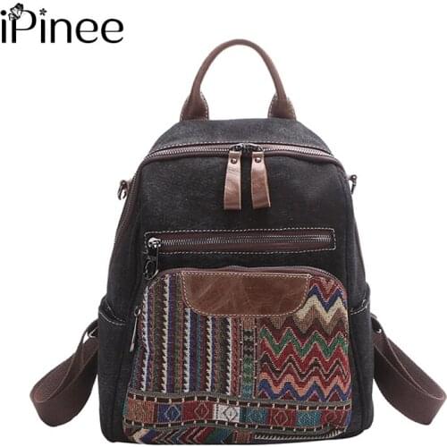 IPinee Women Multifunction Vintage Backpacks National Pattern Denim Messenger Shoulder Bag 2021New Ladies Travel Bagpack