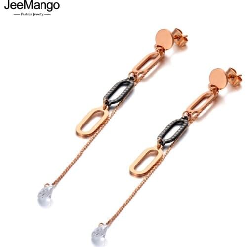 JeeMango Hyperbole Stainless Steel Hollow Geometry Tassel Earrings Rose Gold CZ Crystal Dangle Ear Jewelry For Women JE20148