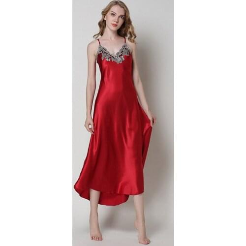 Summer Women Sexy Lace Nightwear Stain silk Nightdress Dtrap Deep V Neck Lingerie Ladies Sleepwear Dress Elegant Nightgowns