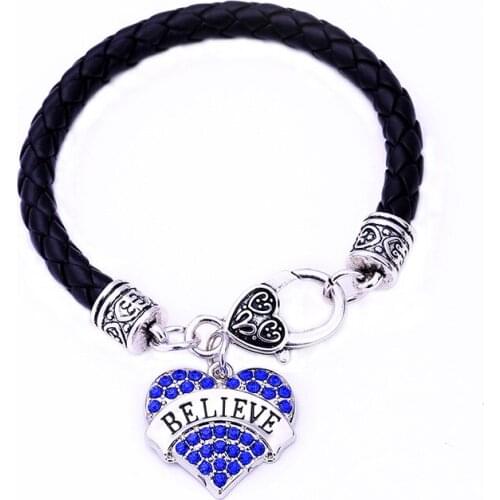 Hot selling rhodium plated with sparkling crystals BELIEVE heart pendant bracelet rope chain