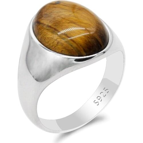 Tiger Eyes Stone Ring for Men 925 Sterling Silver Big Natural GemStone Vintage Simple Mens Ring Turkey Jewelry to Male Women