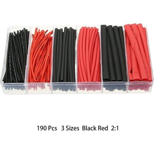 190Pcs/set 2:1 Assortment Heat Shrink Tubing Tube Sleeving Wire Car Cable Sleeving Wrap Wire Kit 3 Sizes Black Red
