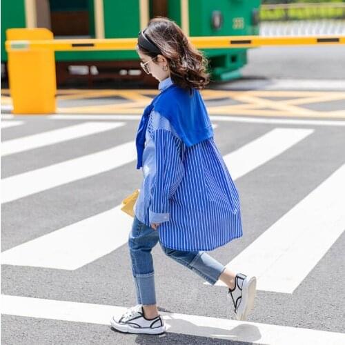 2020 new wholesale girls striped patchwor k shirt fashion autumn girls blouse 4-9t F721