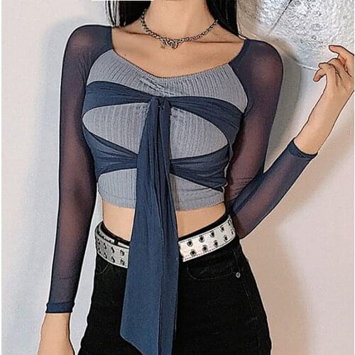 New Y2k Tops Mesh See-Through Patchwork Tie E-Girl T-Shirts Gothic Ribbed Slim Woman Tshirts Tops Vintage Gothic Streetwear
