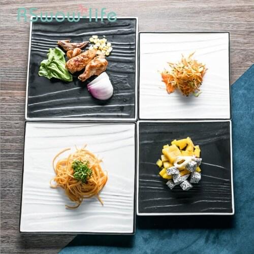 Solid Color Square 8 Inch Wood Grain Ceramic Plate Rectangular 10 Inch Sushi Fruit Cake Set Plate Dinner Plates Piatti Ceramica