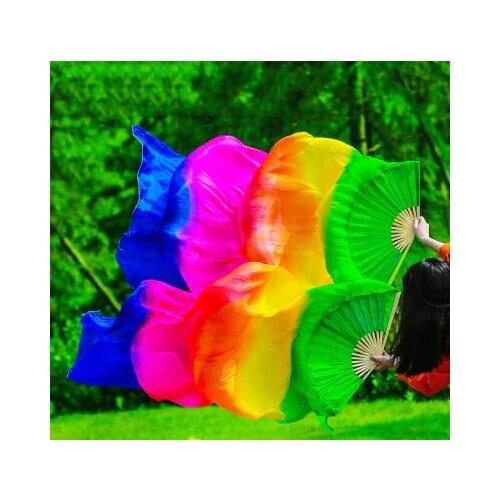 Wholesale Real Silk Bellydance Fan Veils Pair Rainbow Gradient Dancer Performance Show Props 120cm 180cm Free Shipping