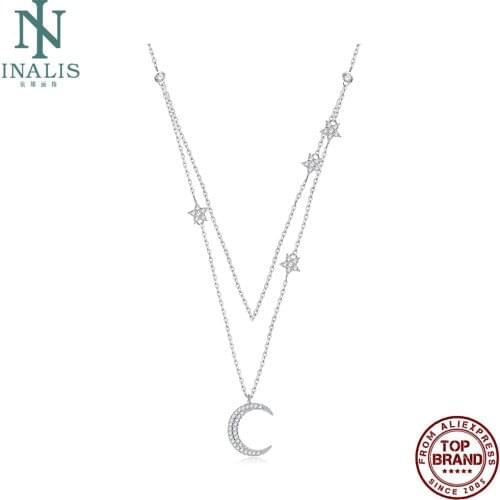 INALIS 925 Sterling Silver Women Necklace Multilayer Moon Pendant Necklace Star Zircon Fine Jewelry Daily Beautiful Present