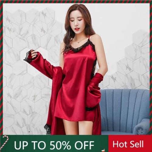 2021 New Sexy Pajamas Womens Simulation Silk Two-piece Sling Long-sleeved Nightgown Suit Home Wear Pajamas for Women