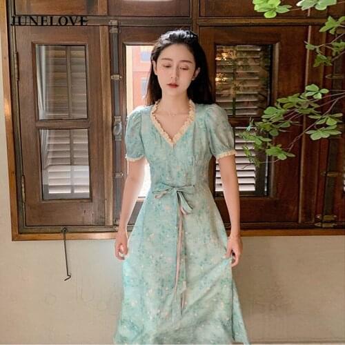 JuneLove Summer Floral Party Dress Women V-Neck Lace Patchwork Sweet Dress French Short Sleeve Slim Fairy Kawaii Dress 2021 New