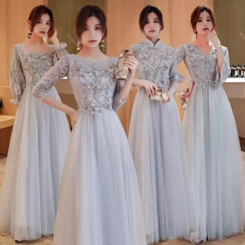Bridesmaids Dresses Illusion Full V-Neck Appliques Embroidery Pearls Lace Tulle A-Line Luxury Gray Women Wedding Party Gown E530