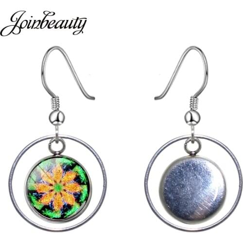 JOINBEAUTY Charm Mandala Flower Art Picture Glass Pendant Hook Earrings Handmade Hollow Out Dangle Earrings Fashion Jewelry B409