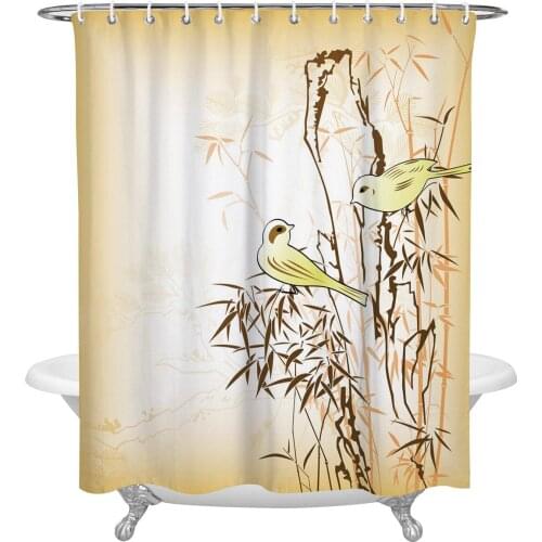 Cute Bird Yellow Bamboo Shower Curtains Bathroom Curtain Waterproof Polyester Frabic Bathroom Curtain with Hooks