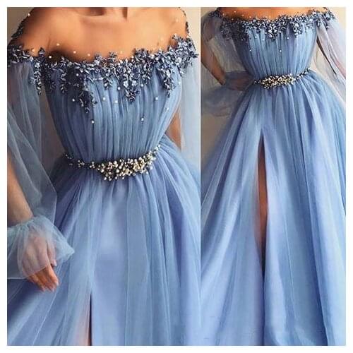 Fairy Sky Blue Prom Dresses Appliques Pearl A Line Jewel Poet Long Sleeves Formal Evening Gowns Front Split Plus Size vestidos