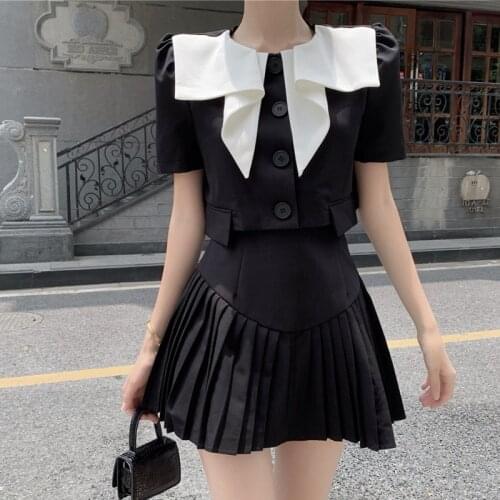 Korean Fashion Streetwear 2 Piece Set Women Crop Top Short Sleeve Shirt Blouse + Pleated Skirts Sets Casual Two Piece Suits