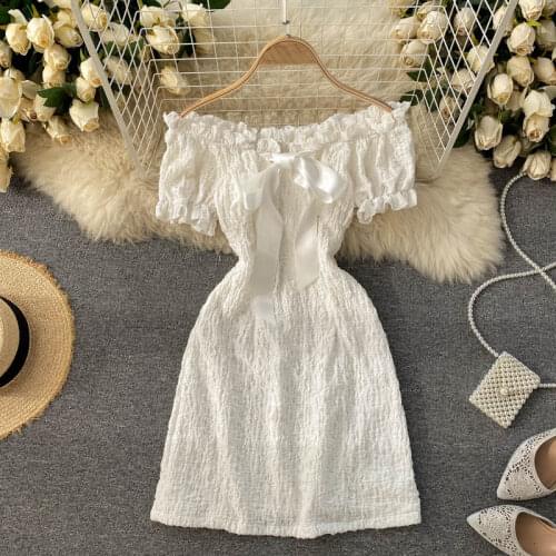 Spring Retro French Vestidos Female Fungus Side Neck Puff Sleeve Slim Slimming Bowknot Age Reduction Mini Dress C592