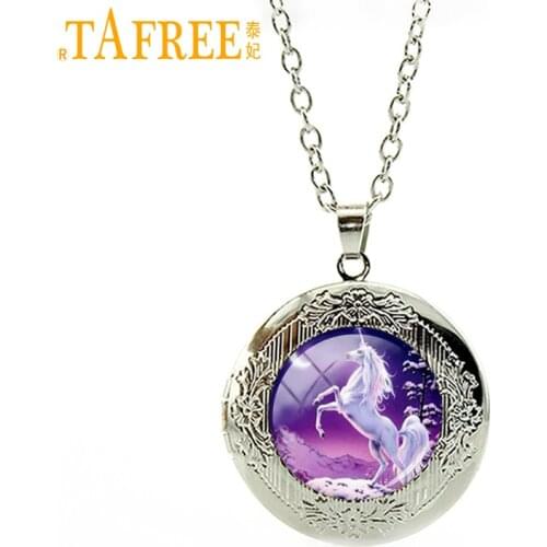 TAFREE vintage animal necklace cute white unicorn horse photo locket pendant statement jewelry gift for men women children HH164
